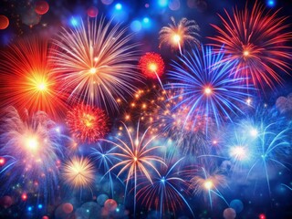 Fototapeta premium Vibrant red and blue fireworks explode in the night sky, creating a kaleidoscope of colors and bokeh, perfect for Independence Day celebrations and patriotic themes.