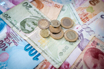 Various Turkish Lira Banknotes And Coins.  Turkish Money