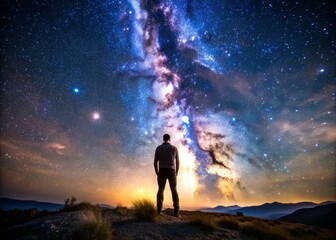 Fototapeta premium Man Standing Under night sky and stars shine in backgrounds.