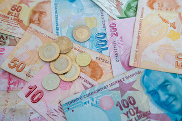 Various Turkish Lira Banknotes And Coins.  Turkish Money