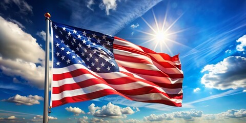 Fototapeta premium Patriotic American flag waving proudly against a bright blue sky, perfect for Veterans Day, Memorial Day, 4th of July and Independence Day celebrations and sales promotions.