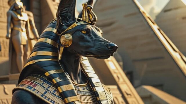Anubis is a deity of Ancient Egypt with the head of a jackal and the body of a man, a guide of the dead to the afterlife. Close-up of an ancient Egyptian Anubis statue adorned with hieroglyphs.