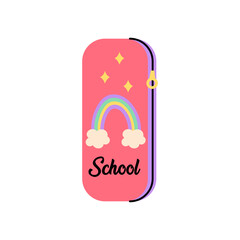 Kids school pencil case for pencils and pens. 
Pink school organizer with rainbow print and inscription. Illustration in flat style on a white background.