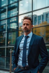 Fototapeta premium A professional in formal attire stands before a corporate structure, ideal for representing professionalism or business settings