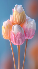 A bouquet of flowers with pink, yellow, and white petals. The arrangement gives off a cheerful and bright mood