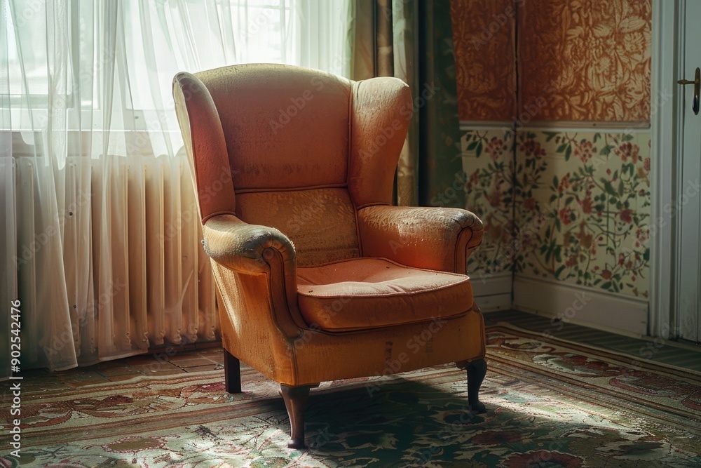 Poster a simple brown chair sits in front of a window with natural light pouring in