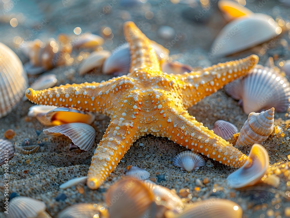 Poster close up view of a starfish resting on a sandy seabed surrounded by shells and marine creatures