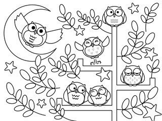 可愛いフクロウの森の塗り絵