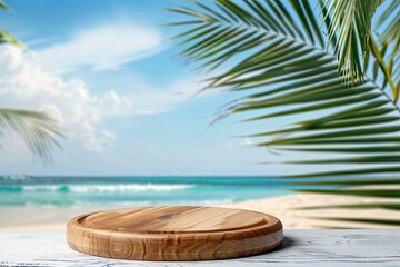 Obraz premium Summer product display on wooden podium at sea tropical beach with generative ai