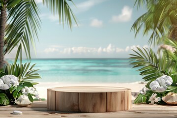Fototapeta premium Summer product display on wooden podium at sea tropical beach with generative ai