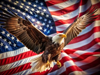 Majestic American bald eagle spreads its wings, soaring in front of a proud waving Stars and Stripes flag, symbolizing freedom and national pride.