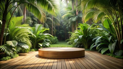 Fototapeta premium Wooden circular podium in a tropical forest with a pristine natural atmosphere. ropical plants and palm trees, a platform for product demonstrations