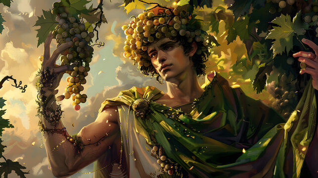 Greek god and goddess Dionysus illustration, Dionysus is the god of the grape-harvest, winemaking and wine, of fertility, ritual madness, religious ecstasy, and theatre in ancient Greek religion