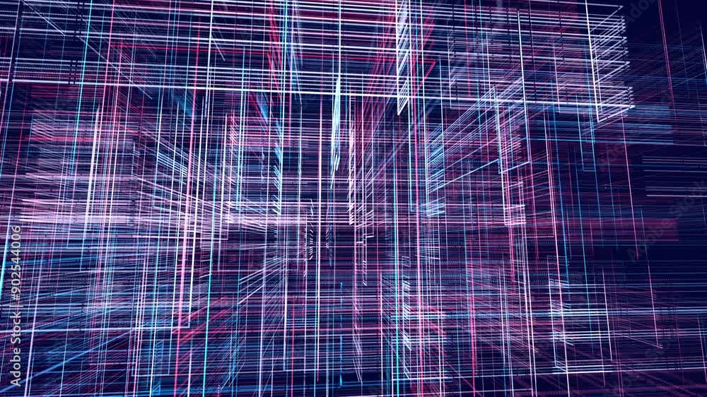 Poster vj loop abstract sci-fi bg glow particles form lines. hi-tech info technology. lines form blue red h