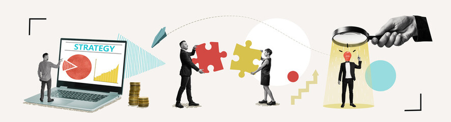 Connecting puzzle pieces. Art collage.