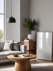 Poster frame mockup leaning against the wall in minimalist living room, mockup frame design, frame mockup