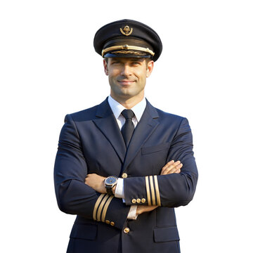 Pilot in uniform with arms crossed, standing confidently, representing aviation profession and authority