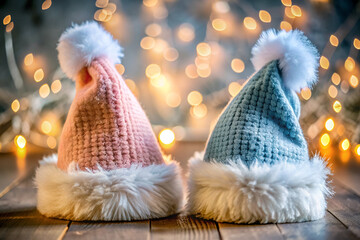 Two small hats with pom poms on them, one pink and one blue. They are sitting on a wooden surface