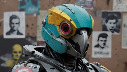 Fototapeta premium Futuristic Parrot-Inspired Robot: Detailed Close-Up of a Colorful Cybernetic Bird Head in Nature Setting