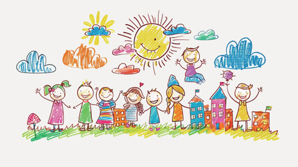 Happy children. Vector hand drawn illustration of happy kids playing in the park.