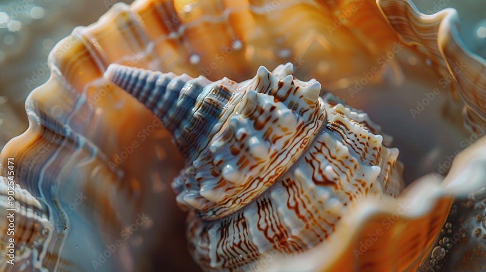 Poster A close-up view of a sea shell partially submerged in the water