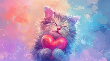 A Fluffy Kitten Holding a Red Heart Against a Colorful Watercolor Background