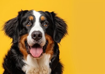 Fototapeta premium Portrait of a happy Bernese Mountain Dog isolated on yellow background with tongue out and smiling - Generative ai