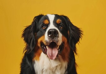 Fototapeta premium Portrait of a happy Bernese Mountain Dog isolated on yellow background with tongue out and smiling - Generative ai