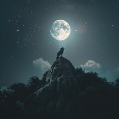 A wolf howling at the full moon atop a mountain peak in a majestic nighttime wilderness scene - Generative ai