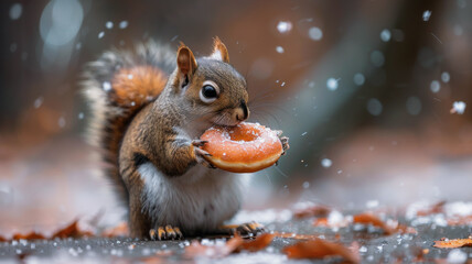 Sugar Bandit.  Sly Squirrel Making Off with a Large Donut