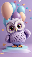 Obraz premium Birthday party invitation card template with a cute owl, hearts and stars on pastel lavender background.