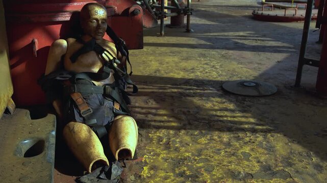 Situations of fear and horror. Dirty mannequin abandoned in the middle of a ship.