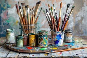 A collection of paint brushes placed on a wooden table, ideal for illustrating art supplies or creative workspaces
