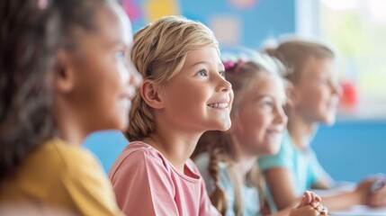 Fototapeta premium Engaged and Happy Children Attentively Participating in a Classroom Lesson, Demonstrating Enthusiasm and Focus in an Educational Setting