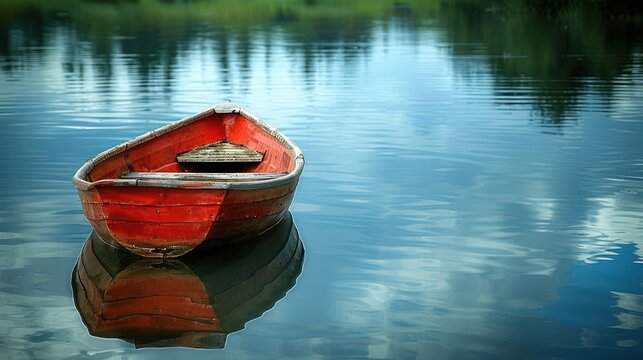 A red boat sits in a lake, reflecting the blue sky above