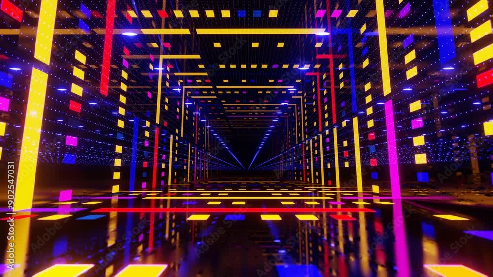 Poster hologram tunnel. fly through mirror tunnel with neon pattern, glow lines form sci fi pattern. bright