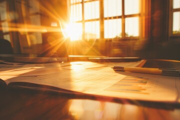Team workflow and marketing strategy brainstorming session with paperwork and digital work in open spaces, highlighting collaborative efforts and innovative ideas under intentional sun glare.
