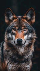 Close-up portrait of a majestic wolf with piercing eyes and detailed fur in a forest setting - Generative ai