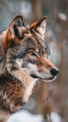 Naklejka premium Close-up portrait of a majestic wolf with piercing eyes and detailed fur in a forest setting - Generative ai