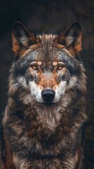 Obraz premium Close-up portrait of a majestic wolf with piercing eyes and detailed fur in a forest setting - Generative ai