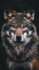Fototapeta premium Close-up portrait of a majestic wolf with piercing eyes and detailed fur in a forest setting - Generative ai