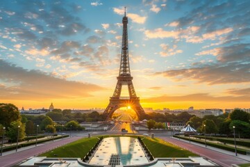 Naklejka premium Gorgeous sunset over the Eiffel Tower showcasing the artistic atmosphere of Paris, highlighting the city's romantic charm and iconic architecture during the golden hour.