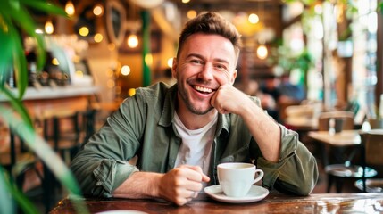 Happy entrepreneur enjoying a coffee break in the tearoom, looking at the camera, reflecting relaxation and satisfaction in a professional setting. Business success and work-life balance concepts.