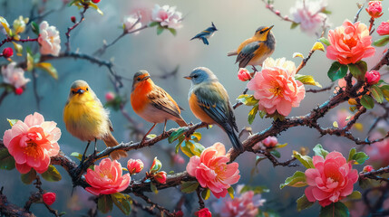 Fototapeta premium Colorful Bird. Songbird in Cherry Blossoms
