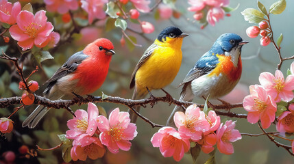Fototapeta premium Colorful Bird. Songbird in Cherry Blossoms
