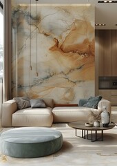 A living room with a white couch and a coffee table. The couch is covered with pillows and a throw. The coffee table has a vase on it. The room has a modern and minimalist design