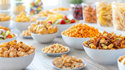 A vibrant assortment of various snacks displayed in bowls, perfect for parties, gatherings, or daily indulgence.