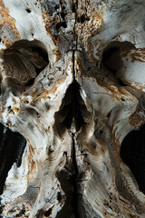 Tree trunk showcasing natural textures and skull-like appearance