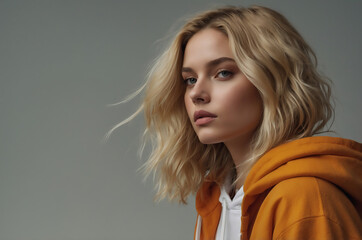 Fototapeta premium Beautiful Blonde Woman in Orange Hoodie with Wavy Hair and Intense Expression Against Neutral Background