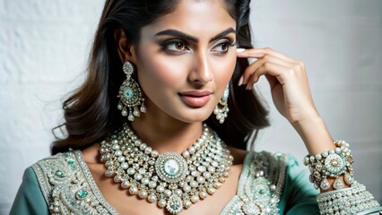 A beautiful Indian girl model showing gorgeous diamond jewellery for advertising purposes, beauty and fashion concept